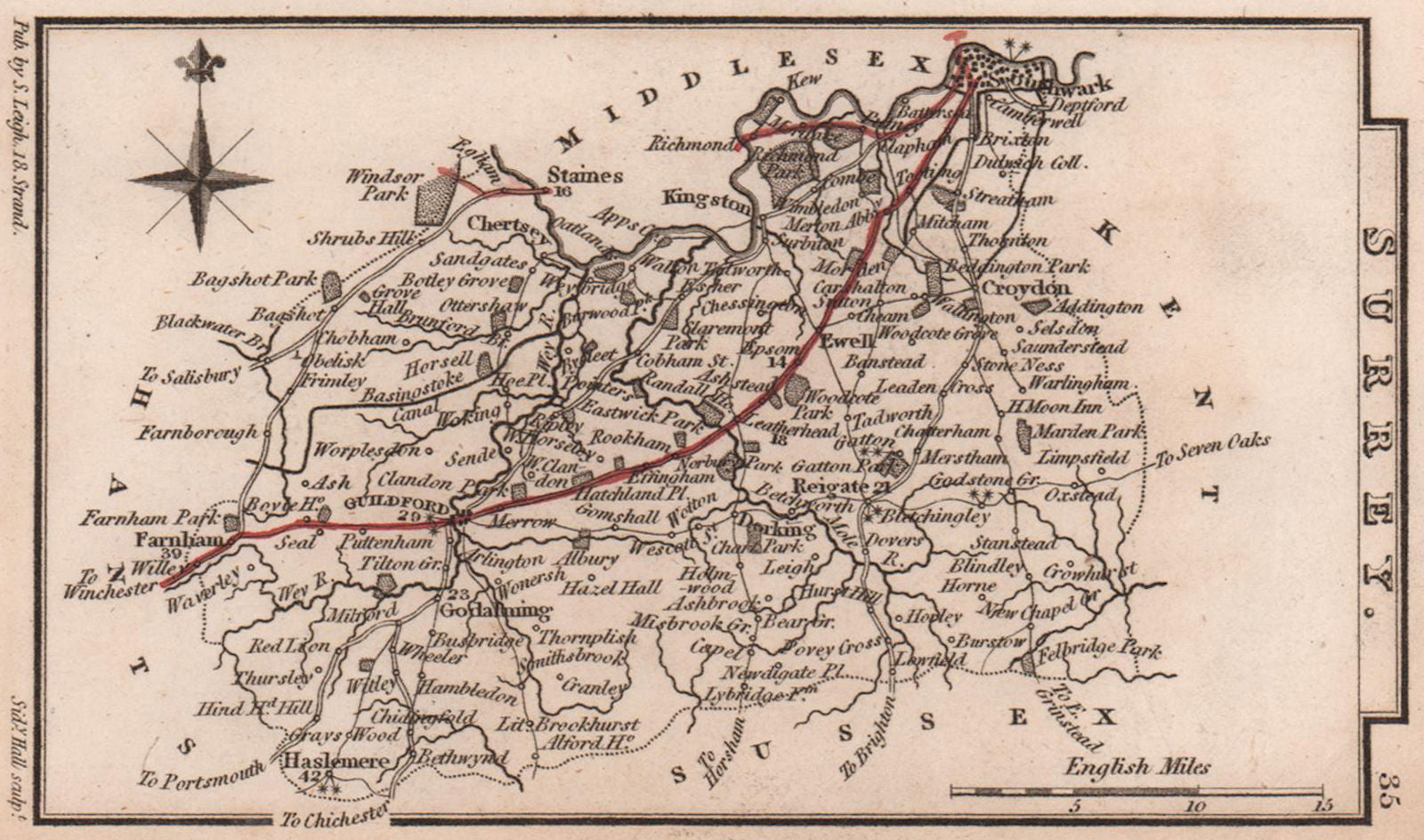 Surrey miniature county map by Samuel Leigh / Sidney Hall c1820 old